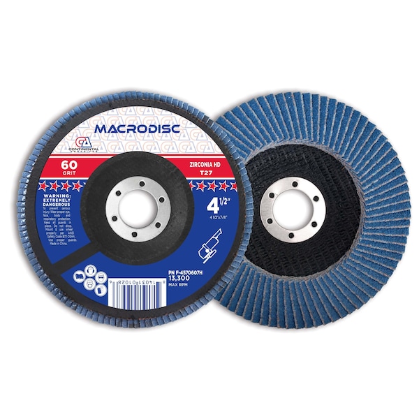 Continental Abrasives 4-1/2" x 7/8" 60 Grit T27 Zirconia High Density Flap Disc F-4570607H - main